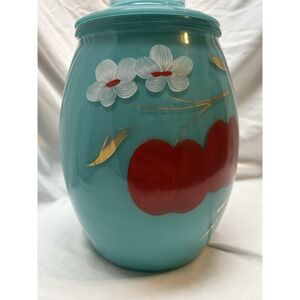Vintage Bartlett Collins Turquoise Glass Cookie Jar Aqua Blue Fruit Flowers